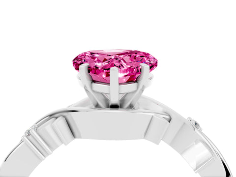 White gold Heart Cut Pink Sapphire Solitaire Ring with Twisted Band and Prong Setting_4