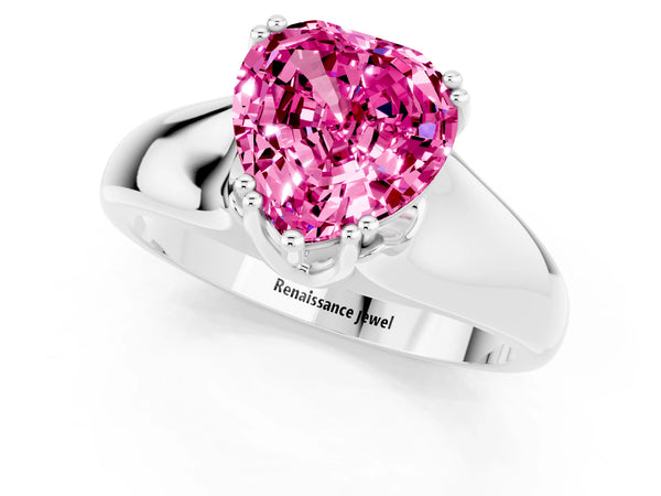 Platinum Heart Cut Pink Sapphire Solitaire Ring with Wide Band and Prong Setting