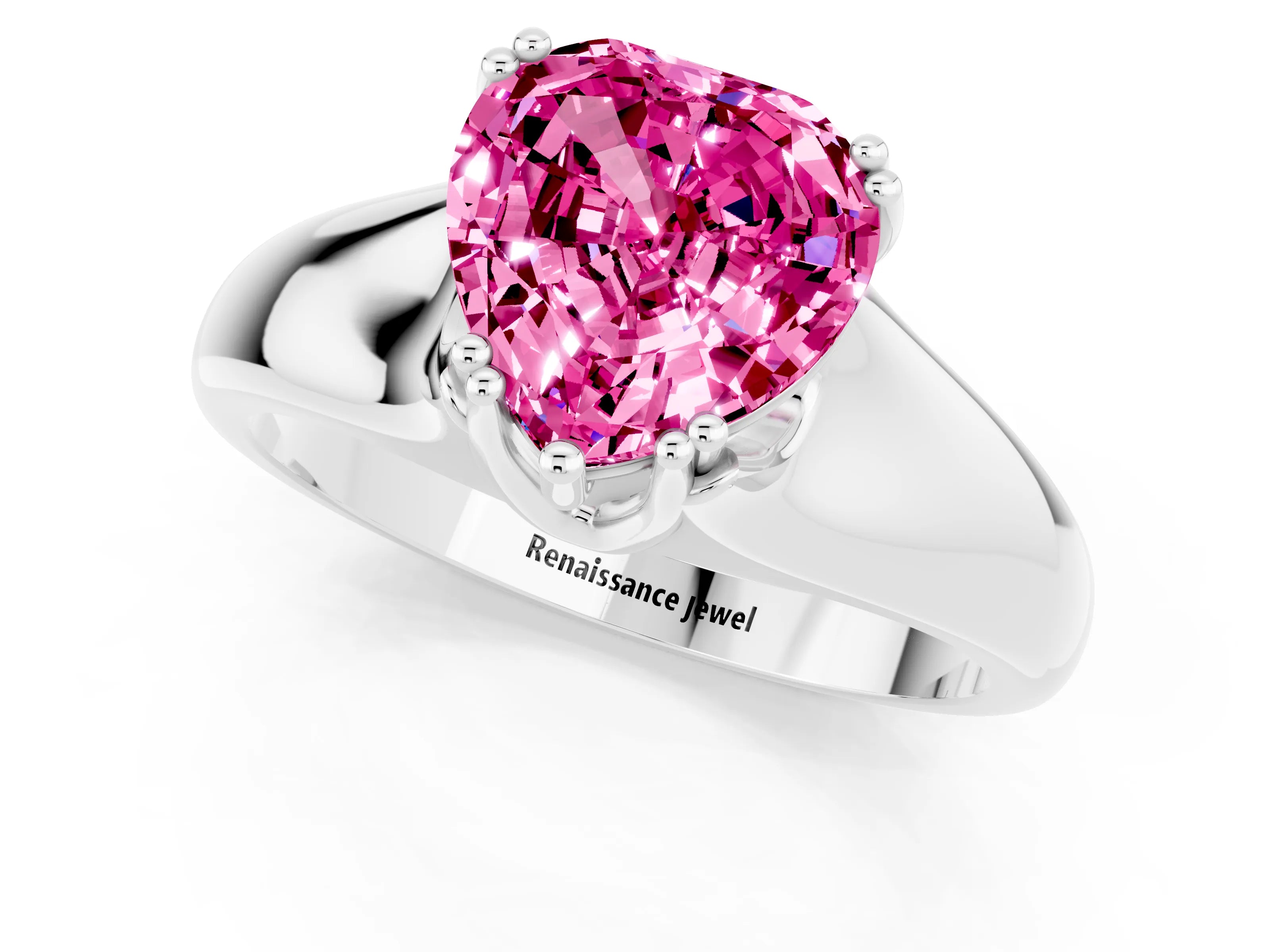 White gold Heart Cut Pink Sapphire Solitaire Ring with Wide Band and Prong Setting_25
