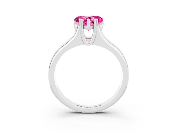 Platinum Heart Cut Pink Sapphire Solitaire Ring with Wide Band and Prong Setting