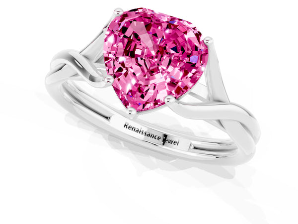 Silver Heart Cut Pink Sapphire Solitaire Twist Band Prong Setting Ring
