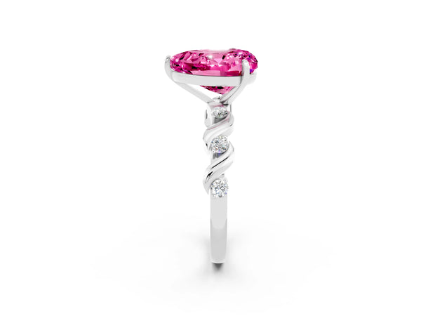 Silver Heart Cut Pink Sapphire Solitaire Twisted Band with Round  Accents and Prong Setting