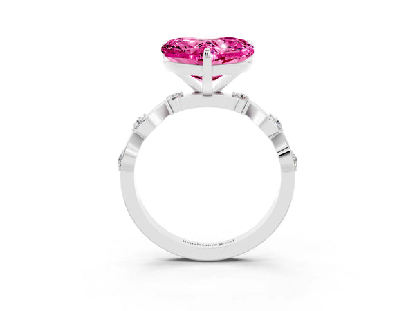 Platinum Heart Cut Pink Sapphire Solitaire Twisted Band with Round  Accents and Prong Setting