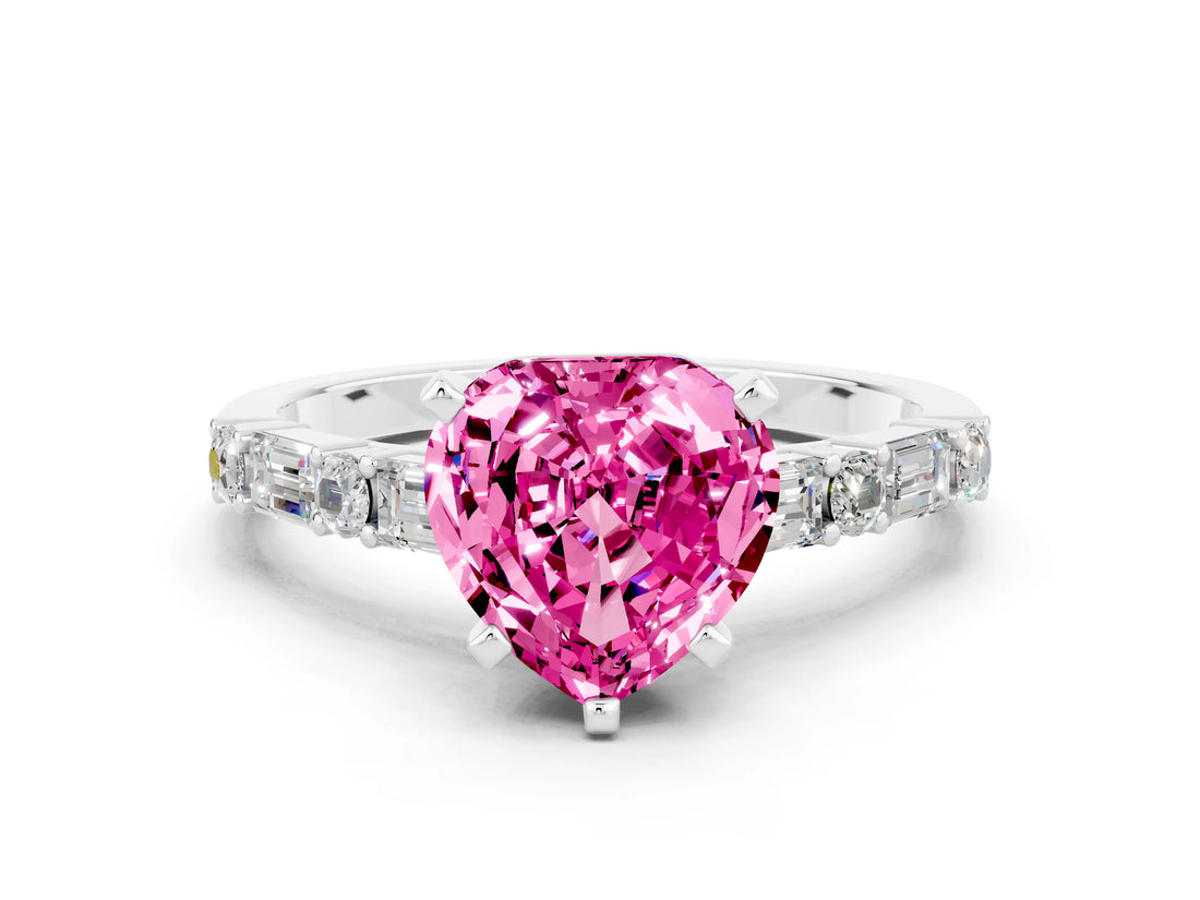 White gold Heart Cut Pink Sapphire Solitaire with Side Baguettes and Channel Set Band_24