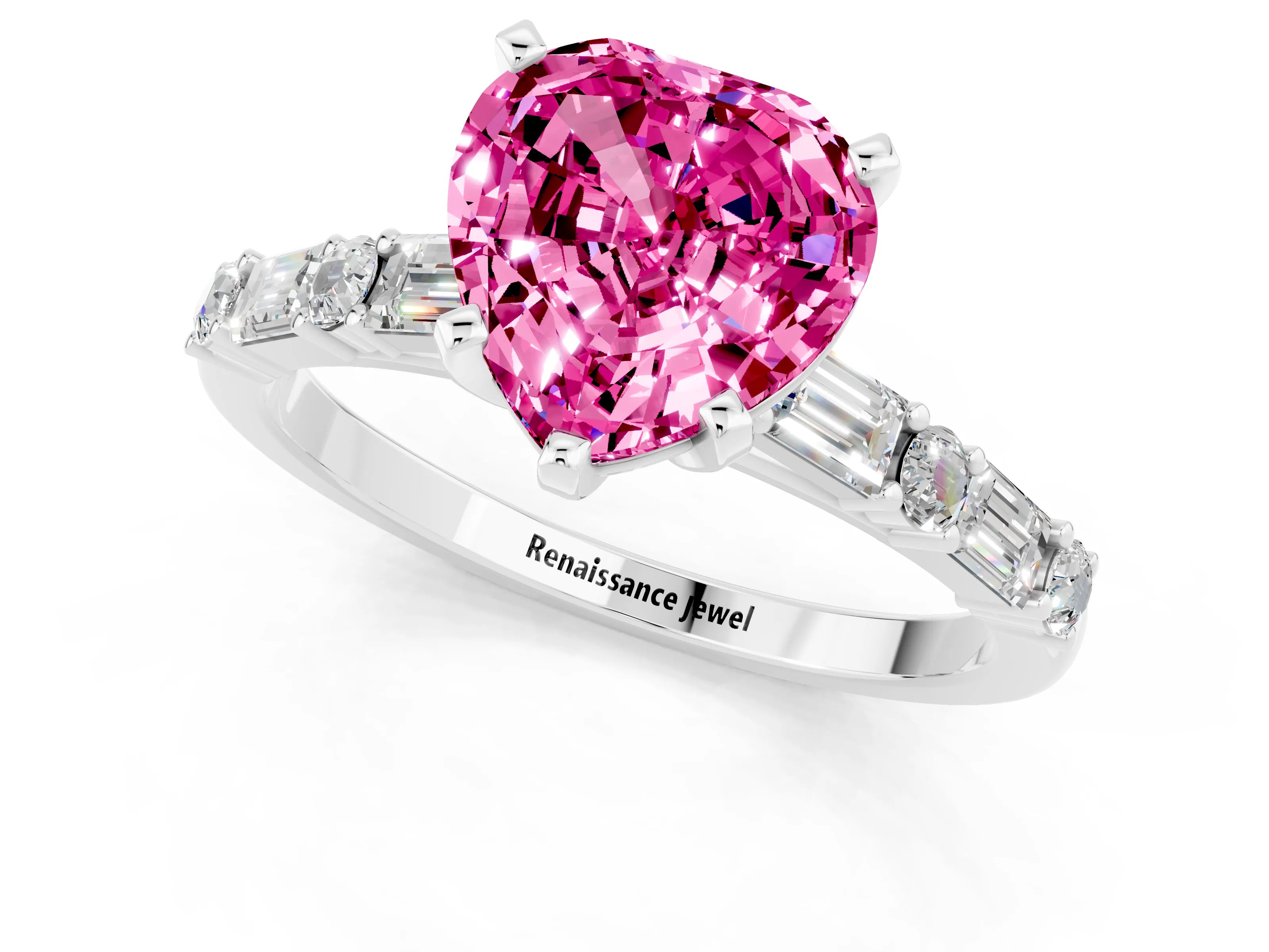 White gold Heart Cut Pink Sapphire Solitaire with Side Baguettes and Channel Set Band_25