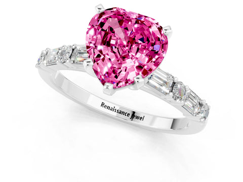 White gold Heart Cut Pink Sapphire Solitaire with Side Baguettes and Channel Set Band_25