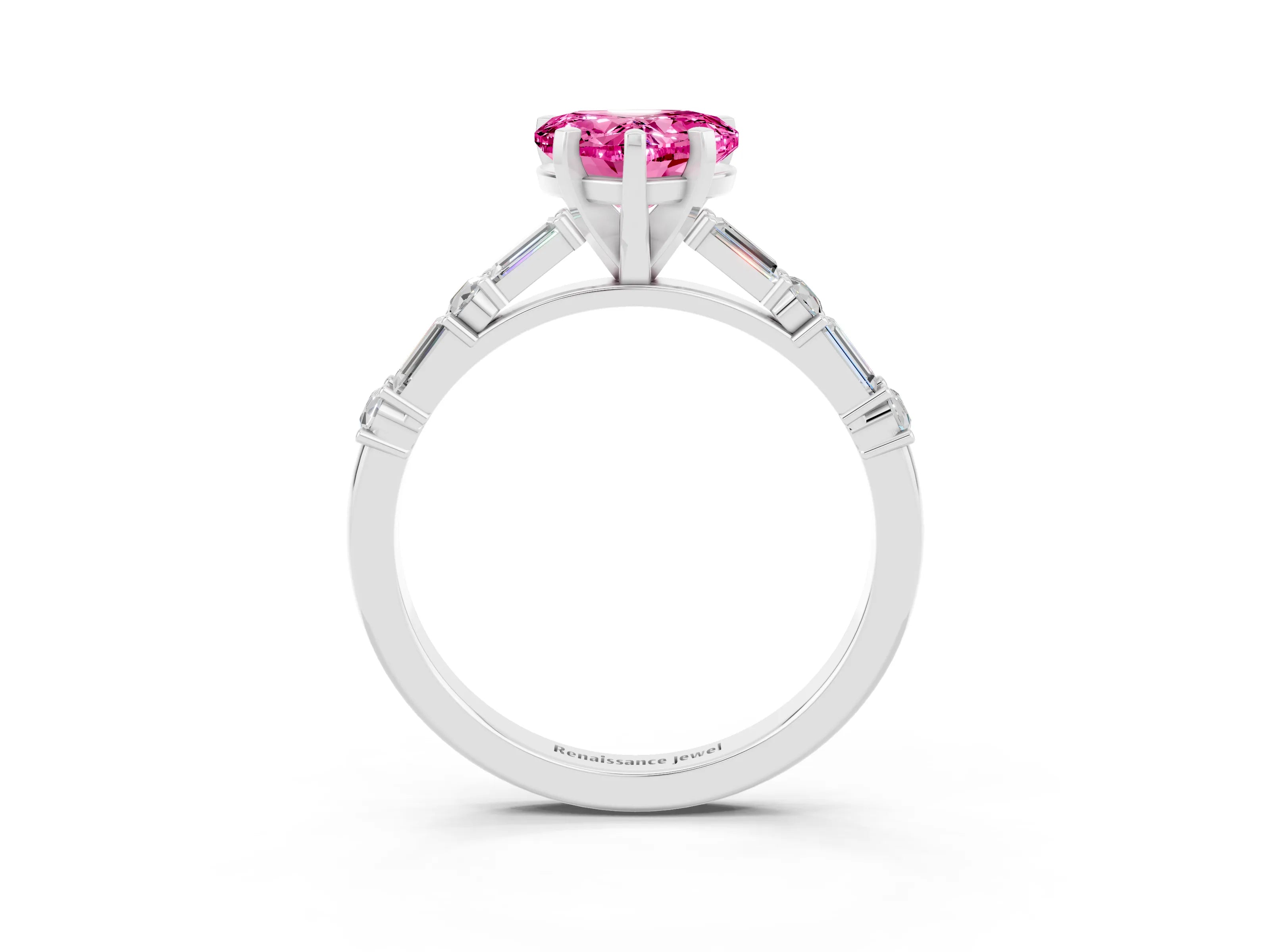 White gold Heart Cut Pink Sapphire Solitaire with Side Baguettes and Channel Set Band_27