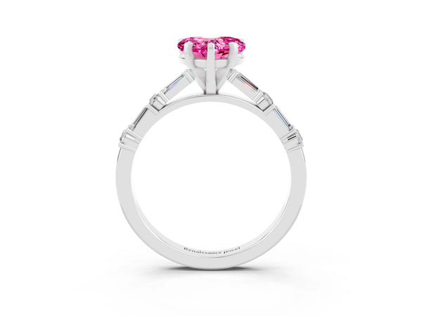 White gold Heart Cut Pink Sapphire Solitaire with Side Baguettes and Channel Set Band