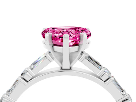White gold Heart Cut Pink Sapphire Solitaire with Side Baguettes and Channel Set Band_28
