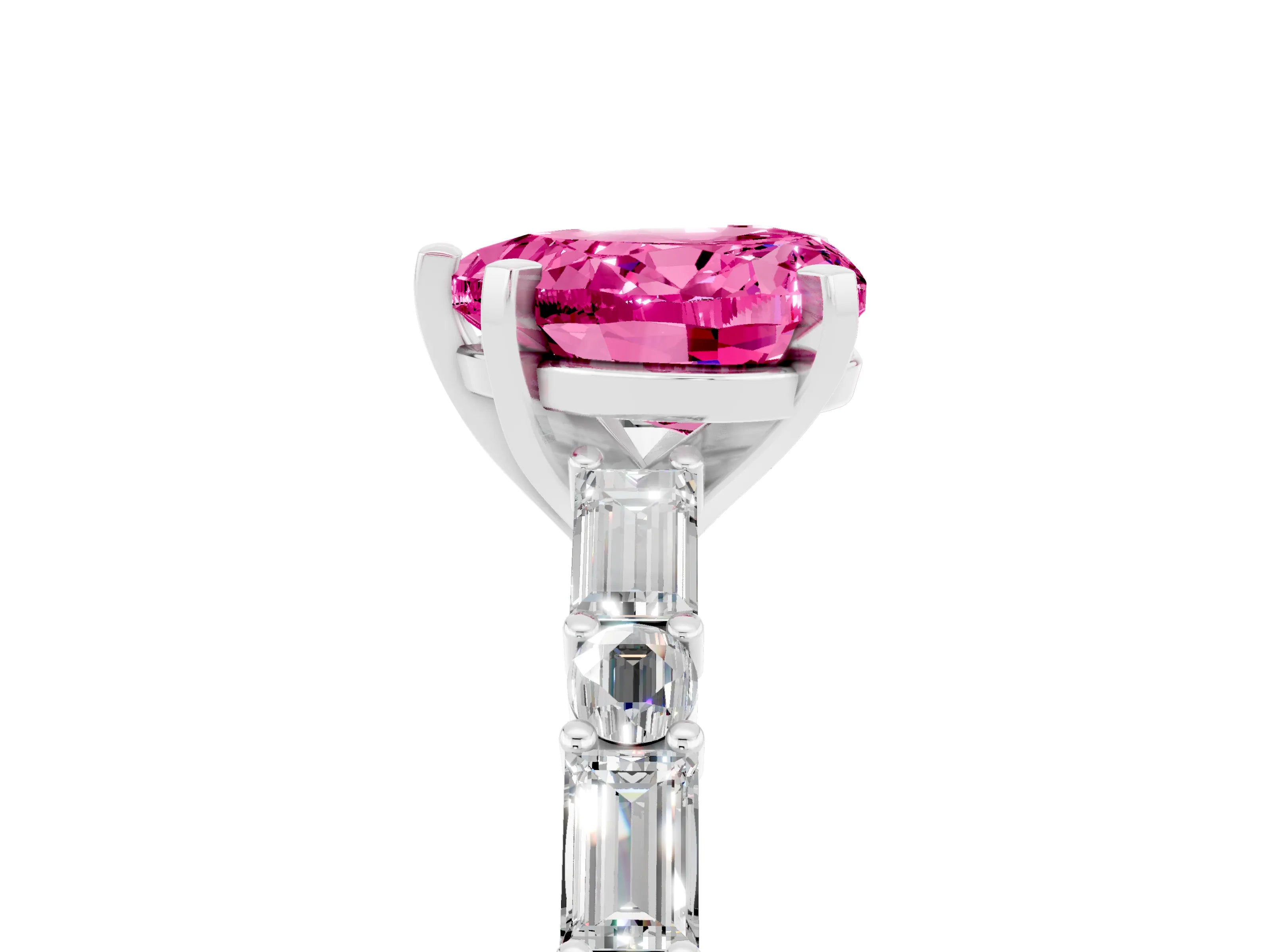 White gold Heart Cut Pink Sapphire Solitaire with Side Baguettes and Channel Set Band_29