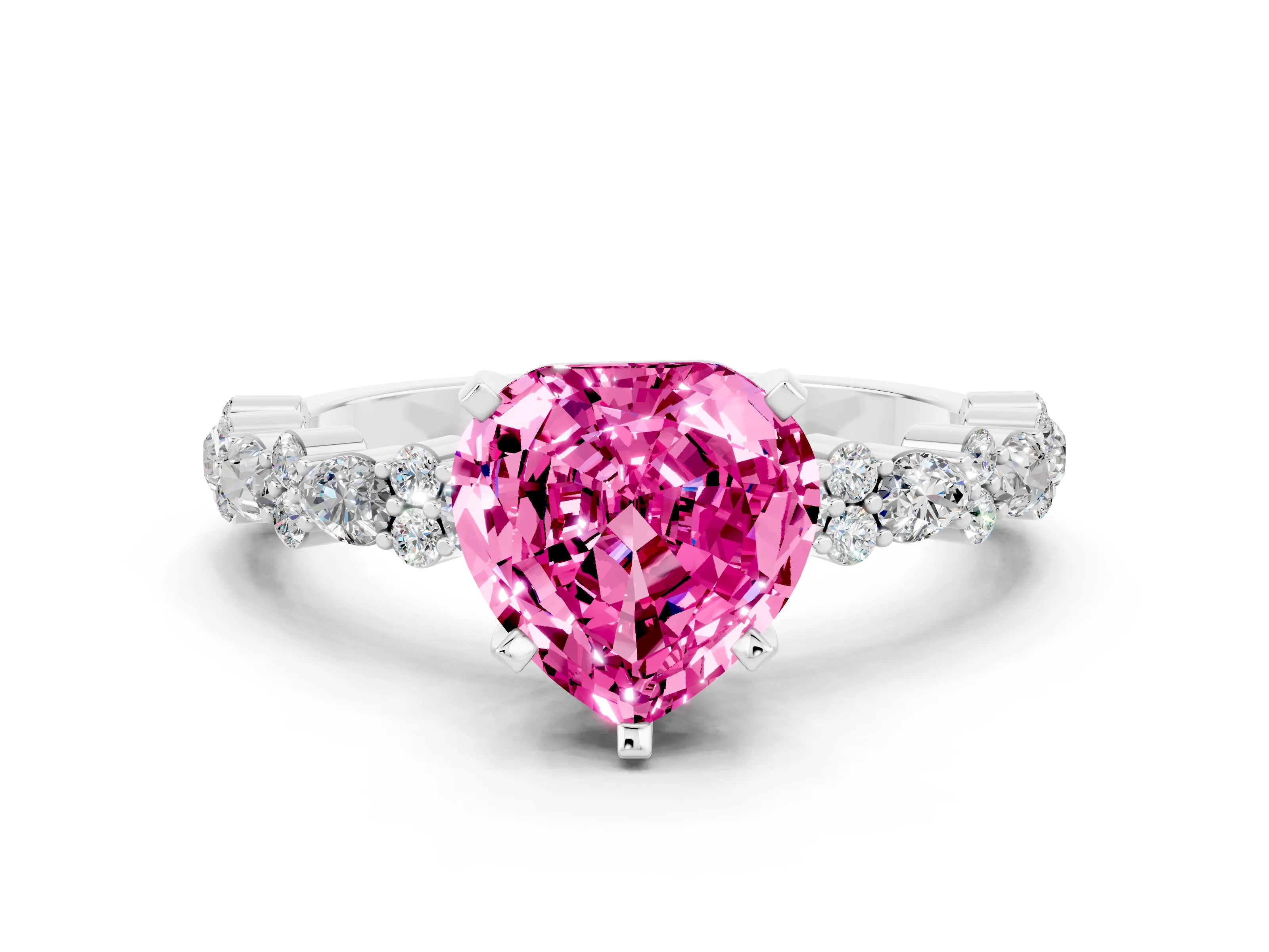 White gold Heart Cut Pink Sapphire Solitaire with Side Stones, Pave Band, Four-Prong Setting_60