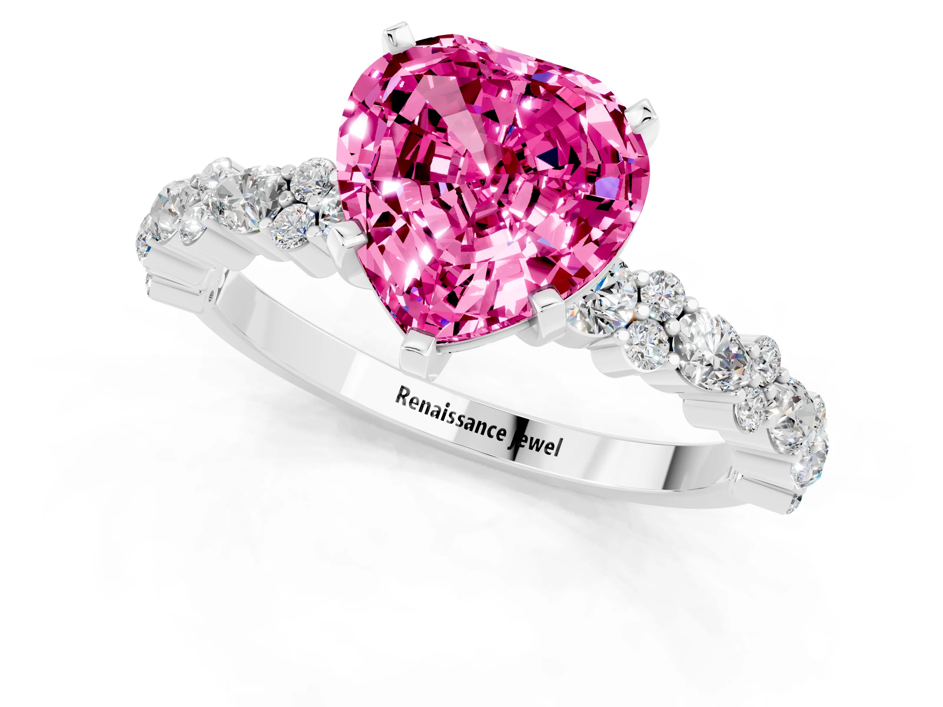 White gold Heart Cut Pink Sapphire Solitaire with Side Stones, Pave Band, Four-Prong Setting_61
