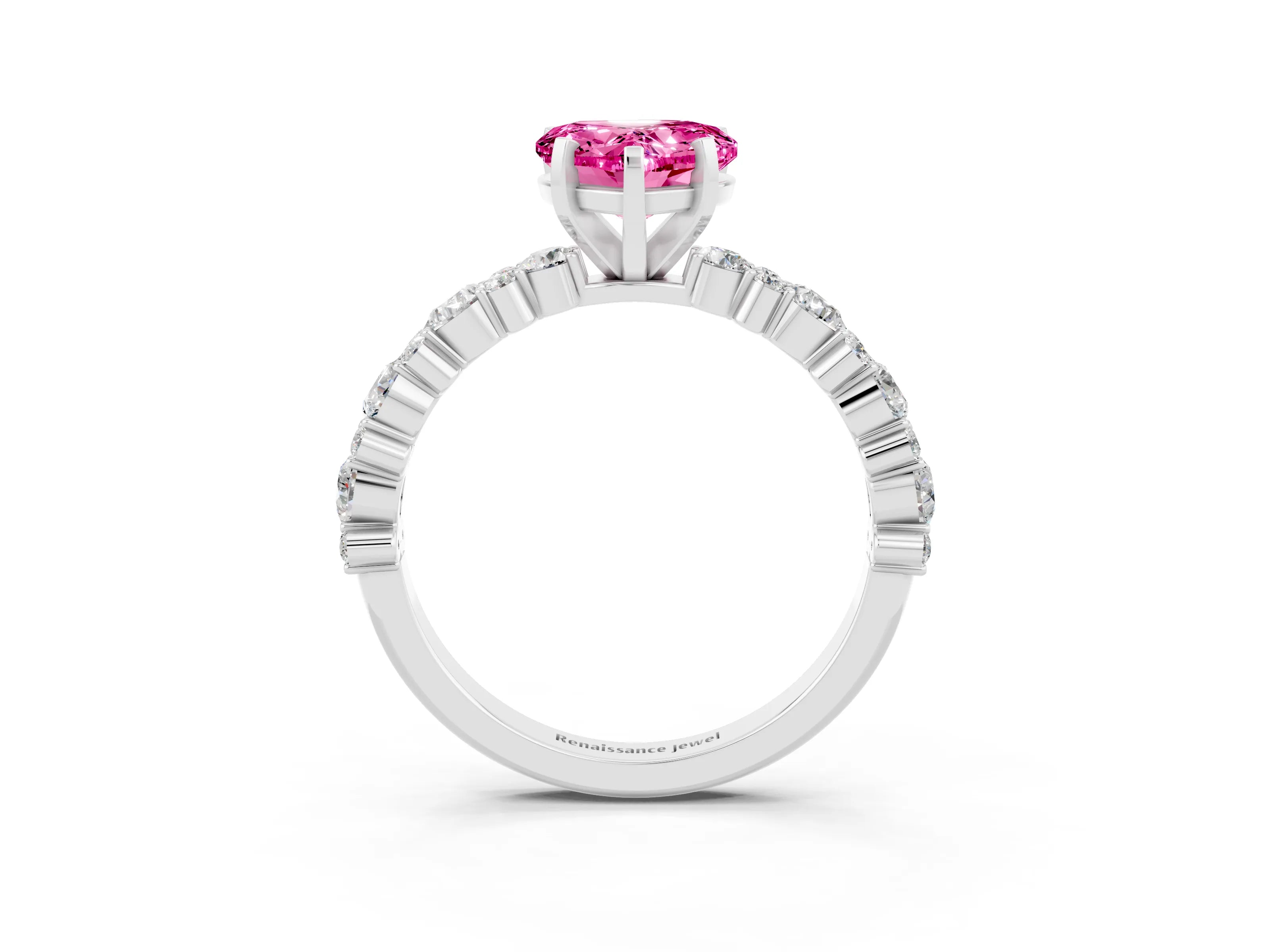 White gold Heart Cut Pink Sapphire Solitaire with Side Stones, Pave Band, Four-Prong Setting_63