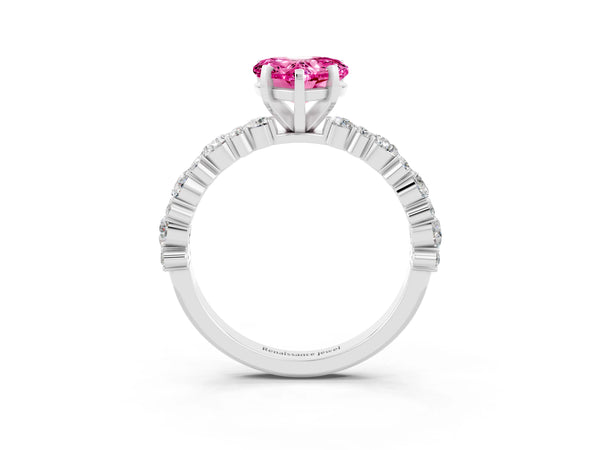 White gold Heart Cut Pink Sapphire Side Stone Solitaire Ring with Round  and Four-Prong Setting