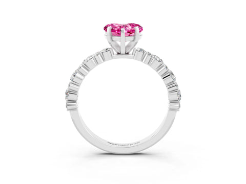 White gold Heart Cut Pink Sapphire Solitaire with Side Stones, Pave Band, Four-Prong Setting_63