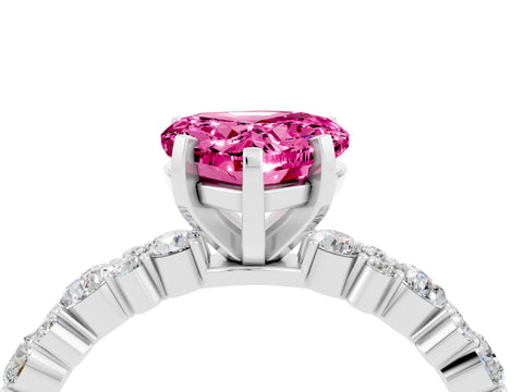 White gold Heart Cut Pink Sapphire Solitaire with Side Stones, Pave Band, Four-Prong Setting_64