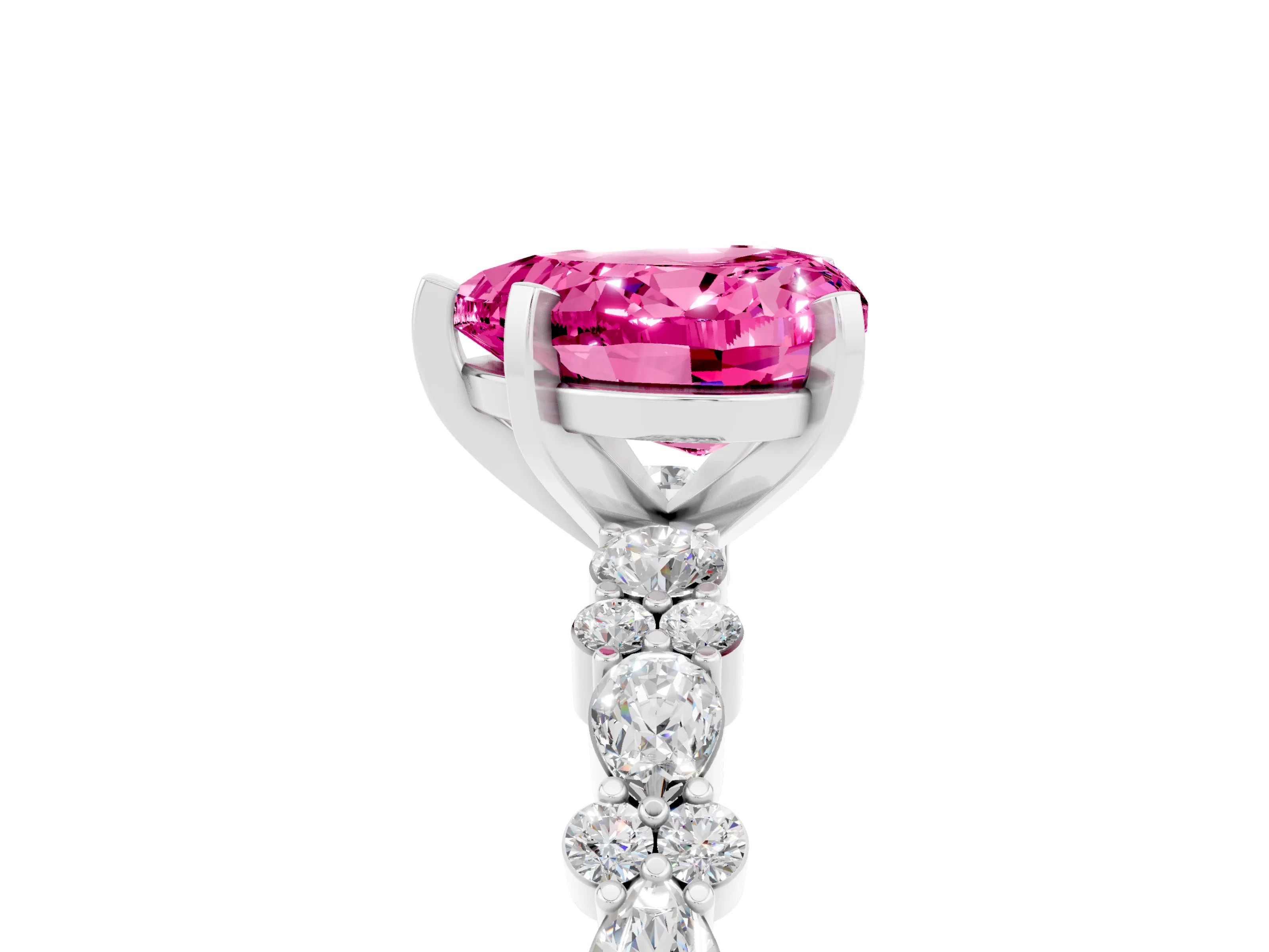 White gold Heart Cut Pink Sapphire Solitaire with Side Stones, Pave Band, Four-Prong Setting_65