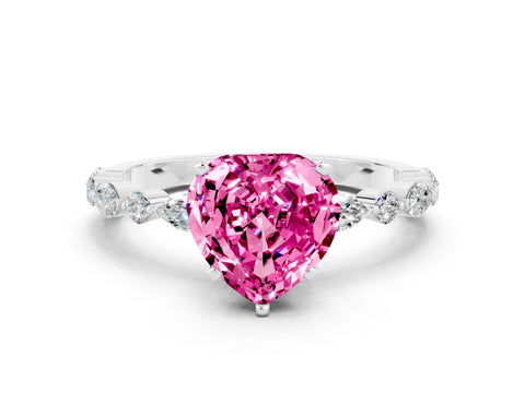 White gold Heart Cut Pink Sapphire Solitaire with Side Stones on a Pavé Band and Four-Prong Setting_24