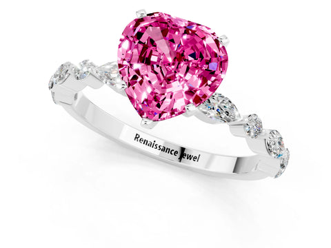 White gold Heart Cut Pink Sapphire Solitaire with Side Stones on a Pavé Band and Four-Prong Setting_25
