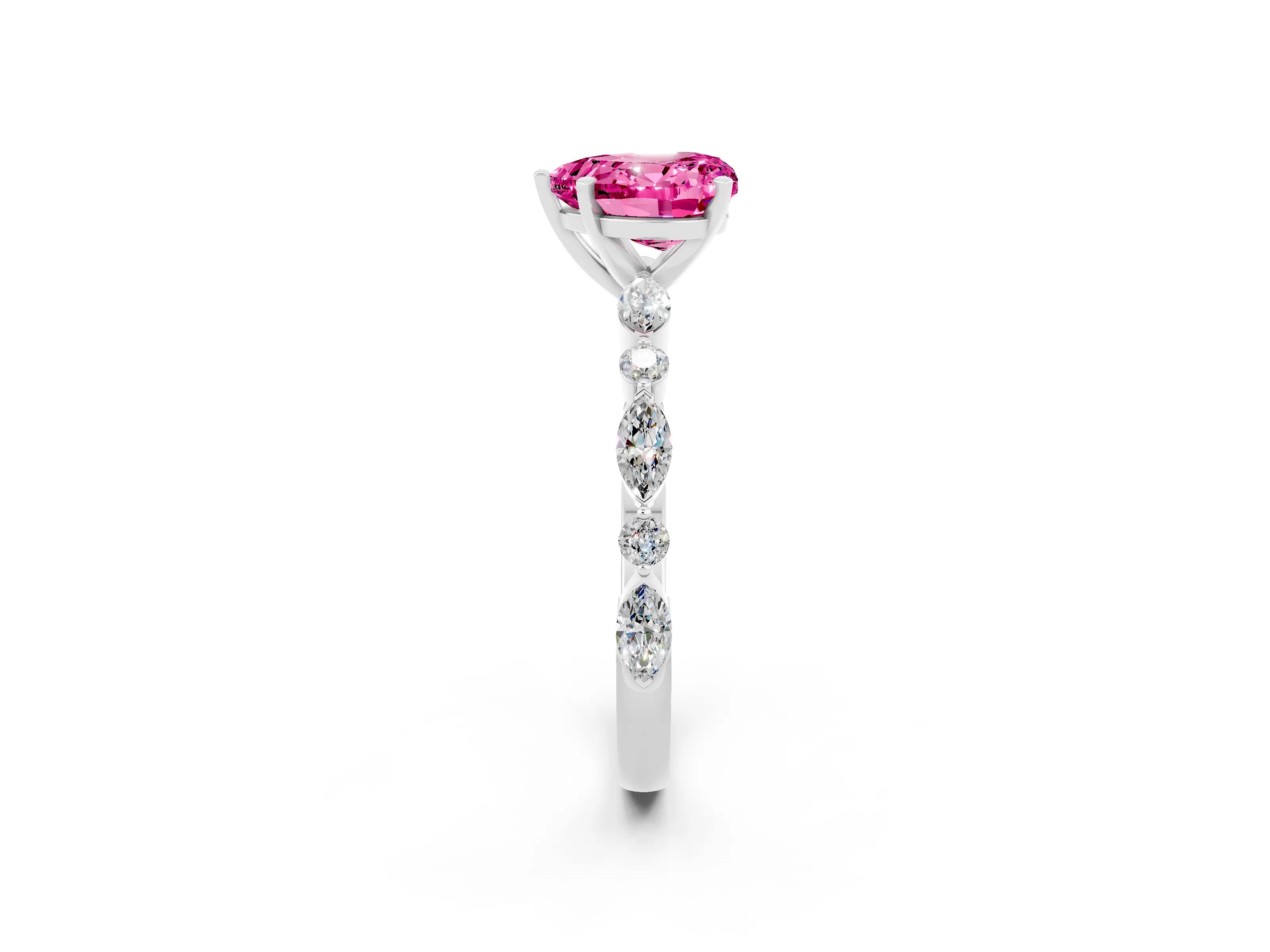White gold Heart Cut Pink Sapphire Solitaire with Side Stones on a Pavé Band and Four-Prong Setting_26