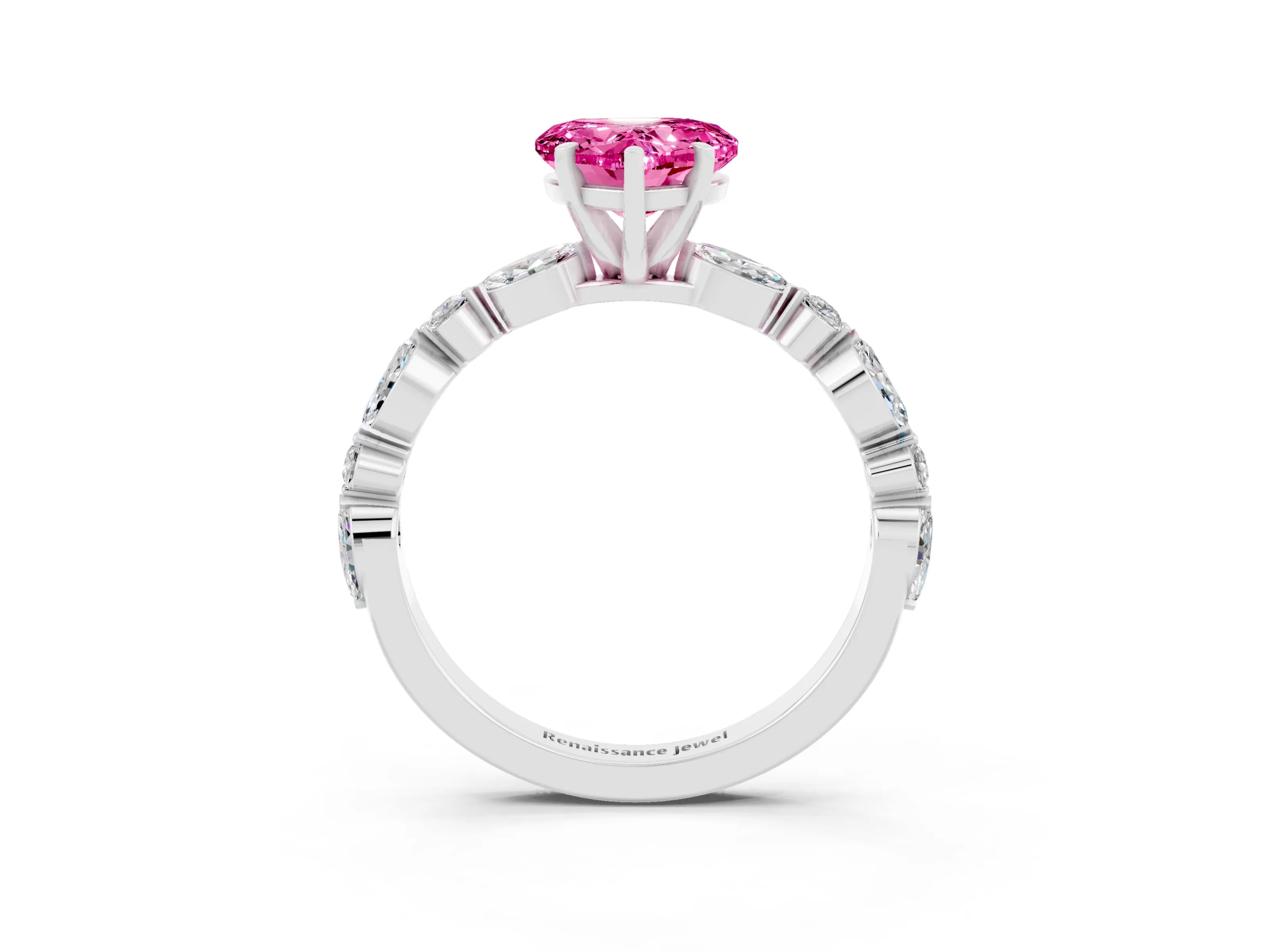 White gold Heart Cut Pink Sapphire Solitaire with Side Stones on a Pavé Band and Four-Prong Setting_27