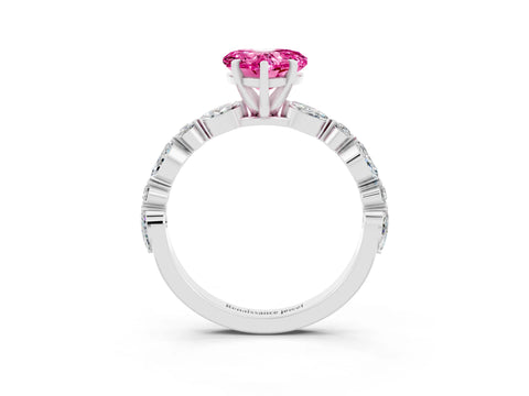 White gold Heart Cut Pink Sapphire Solitaire with Side Stones on a Pavé Band and Four-Prong Setting_27