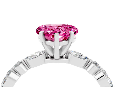 White gold Heart Cut Pink Sapphire Solitaire with Side Stones on a Pavé Band and Four-Prong Setting_28