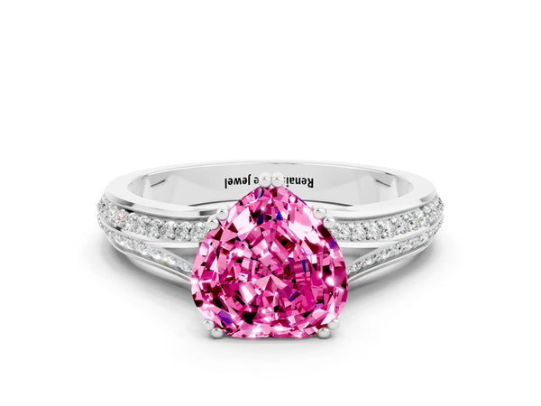 Platinum Heart Cut Pink Sapphire Split Shank Engagement Ring with Pavé Band