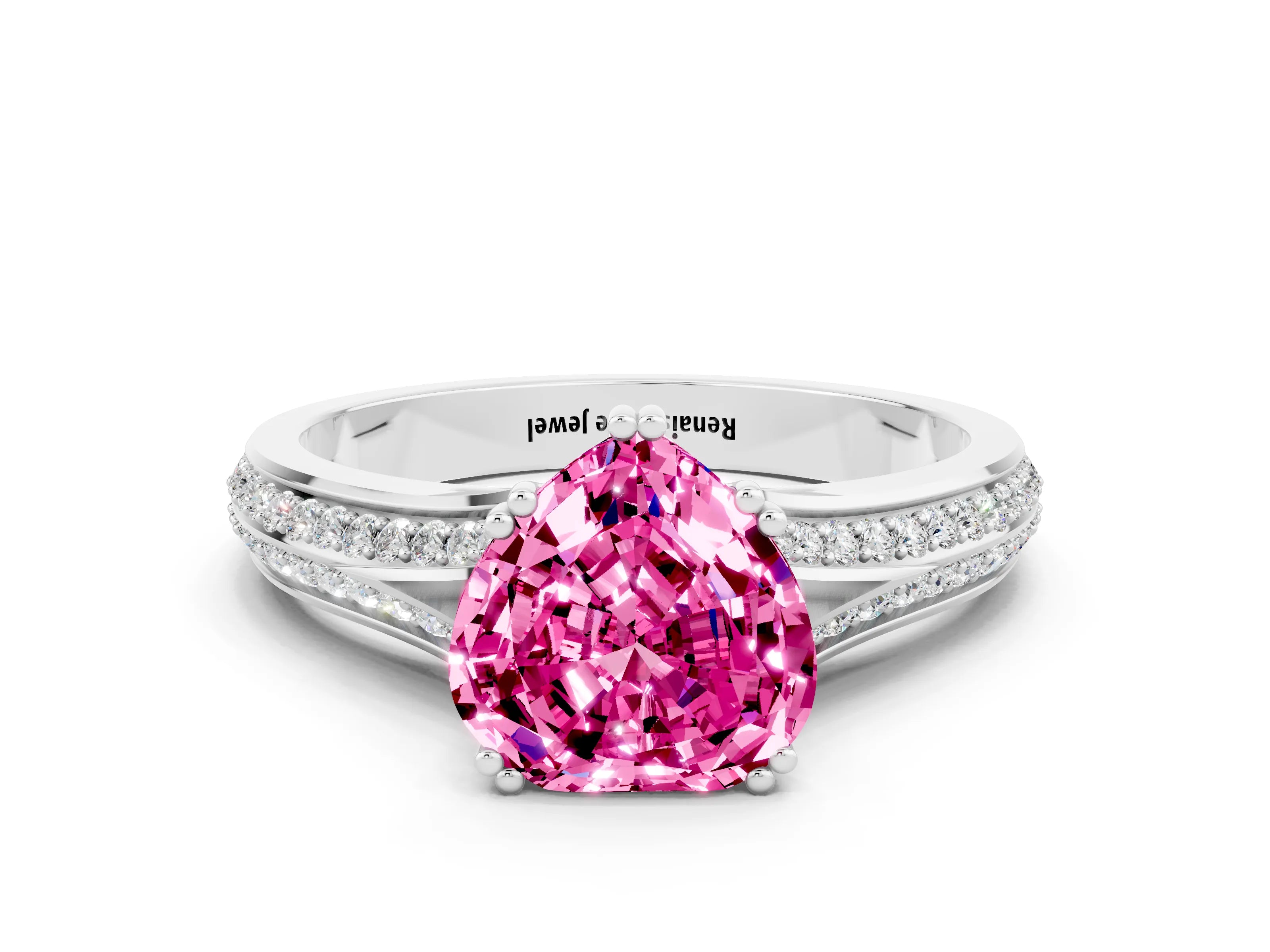 White gold Heart Cut Pink Sapphire Split Shank Engagement Ring with Pavé Band_24