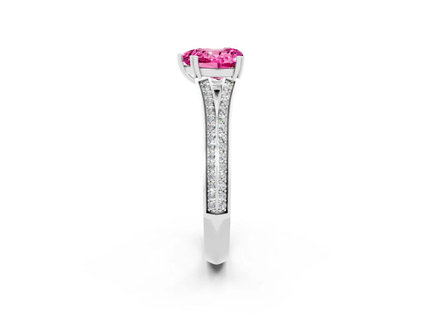 Silver Heart Cut Pink Sapphire Split Shank Engagement Ring with Pavé Band