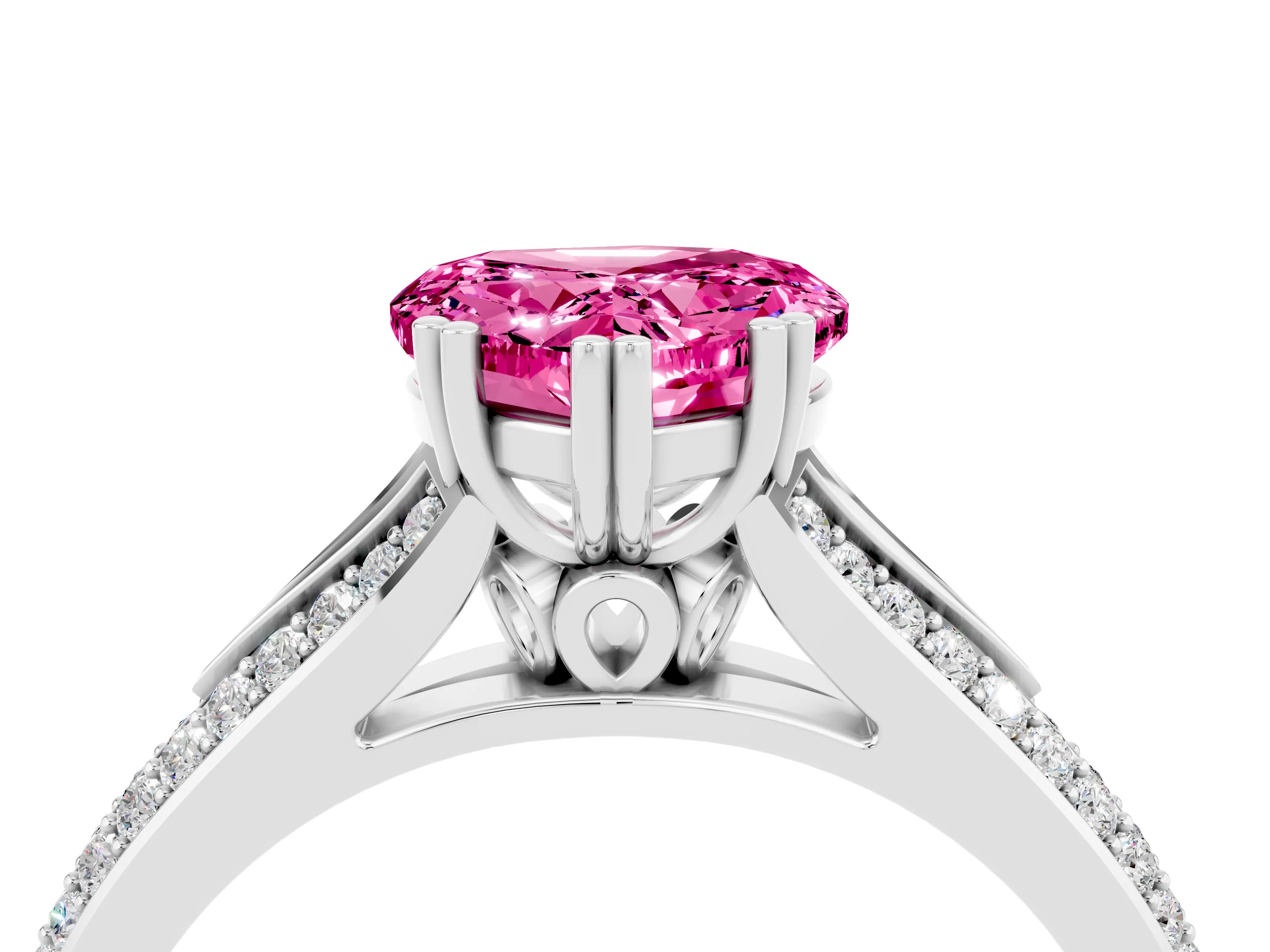 White gold Heart Cut Pink Sapphire Split Shank Engagement Ring with Pavé Band_28