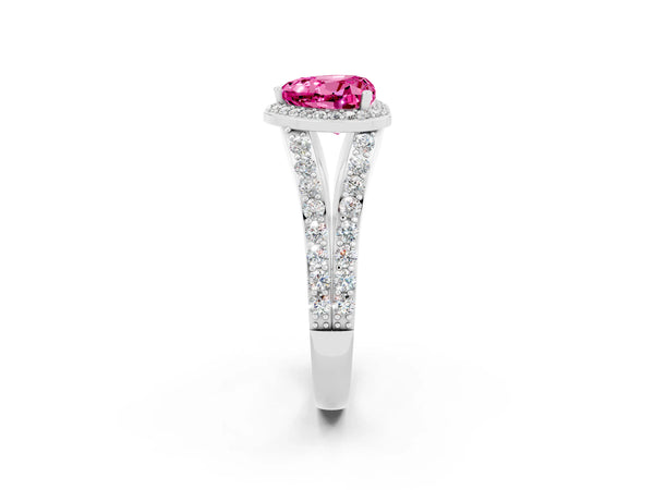 Silver Heart Cut Pink Sapphire Split Shank Halo Ring with Four-Prong Setting