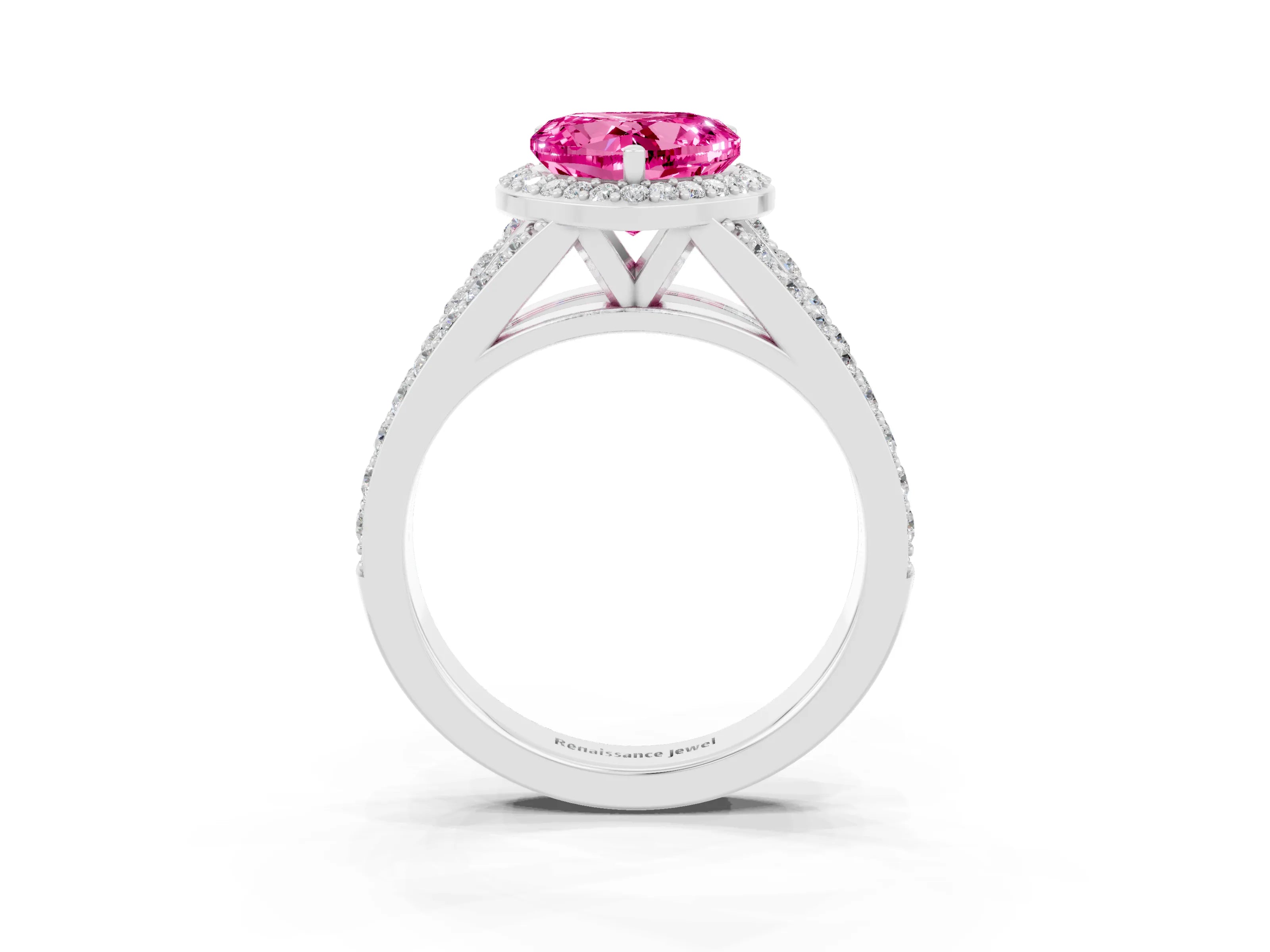 White gold Heart Cut Pink Sapphire Split Shank Halo Ring with Four-Prong Setting_56
