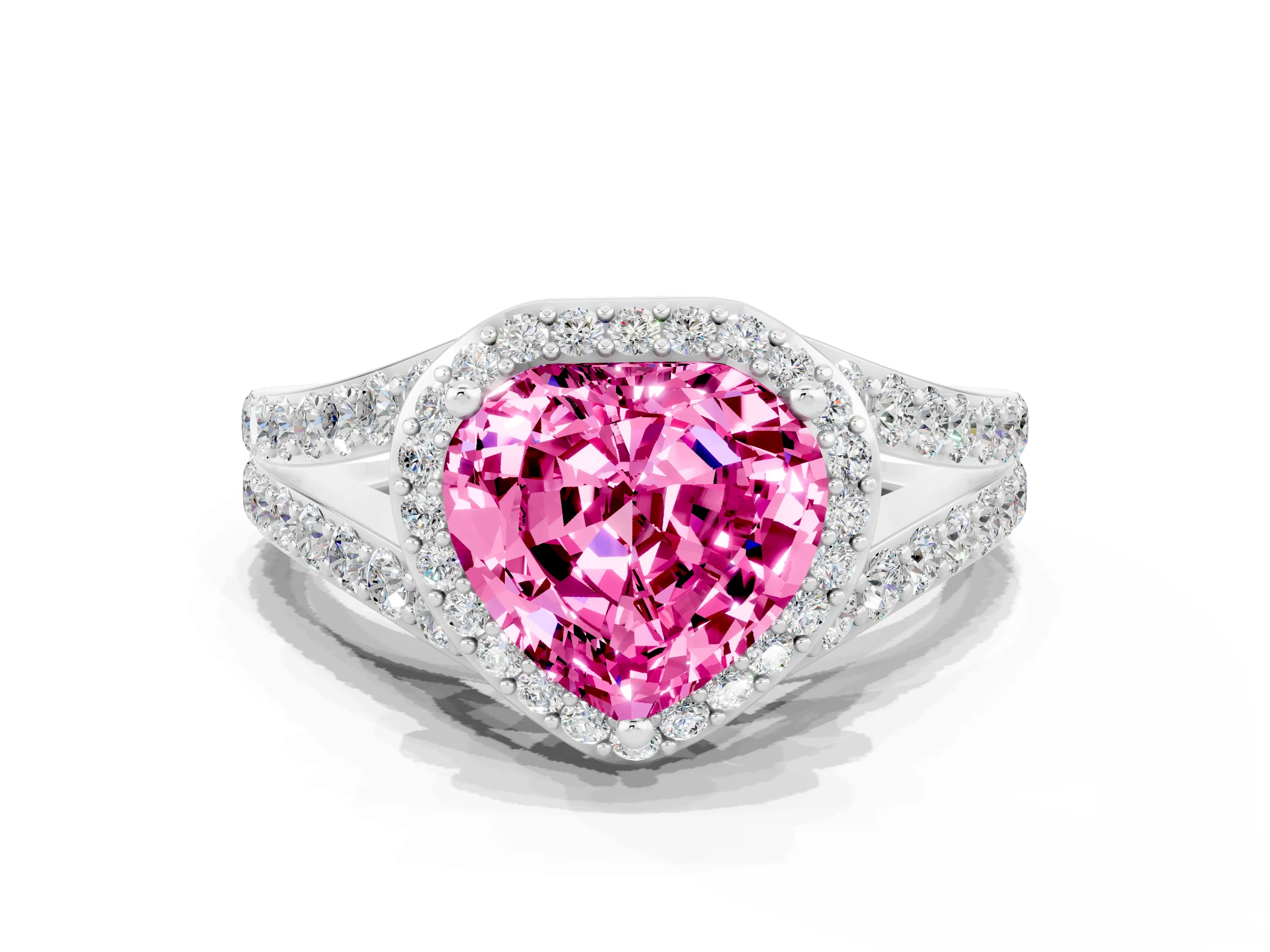 White gold Heart Cut Pink Sapphire Split Shank Halo Ring with Four-Prong Setting_60