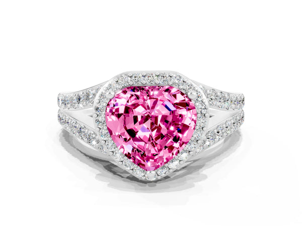 White gold Heart Cut Pink Sapphire Split Shank Halo Ring with Four-Prong Setting