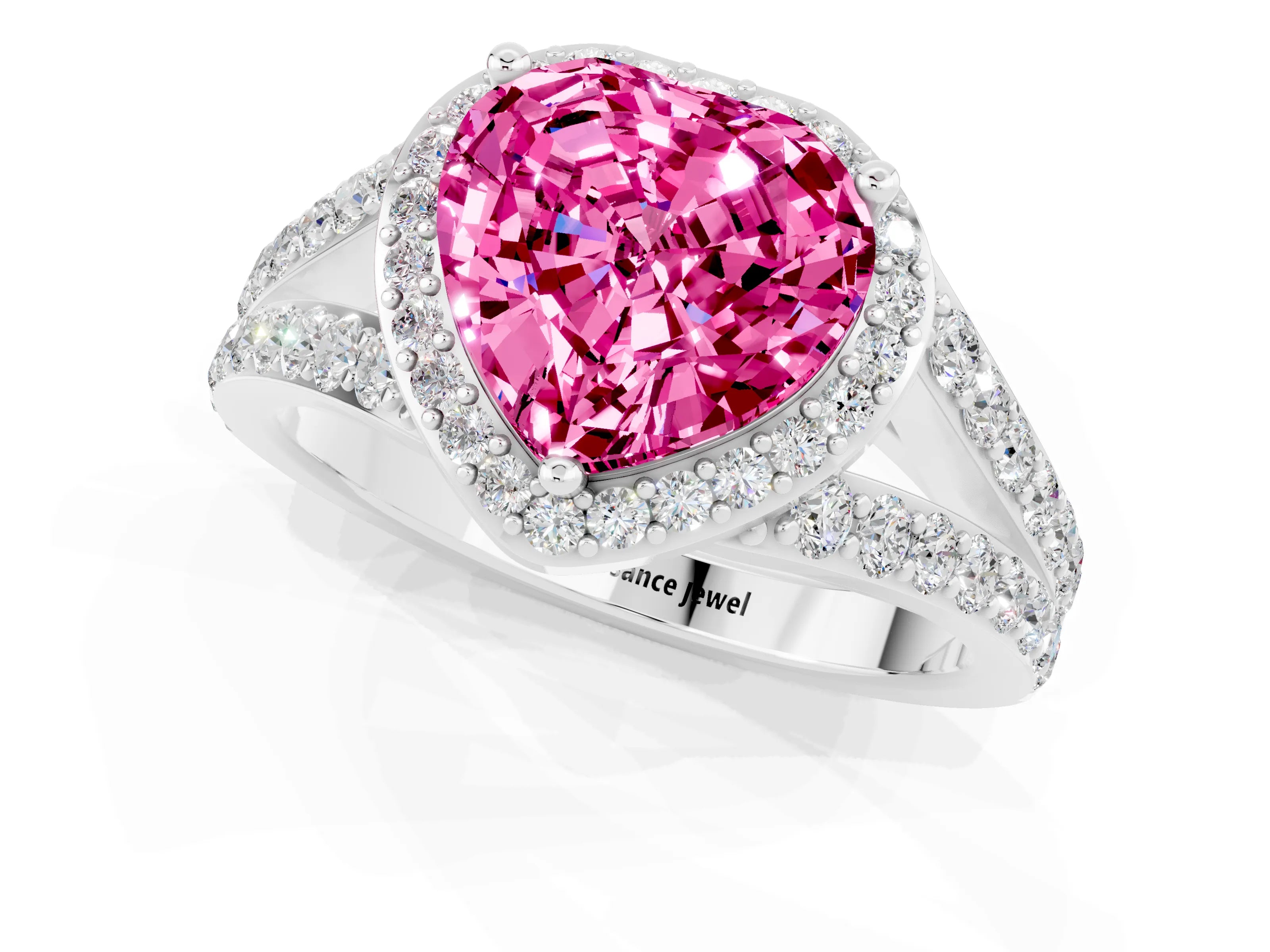 White gold Heart Cut Pink Sapphire Split Shank Halo Ring with Four-Prong Setting_61
