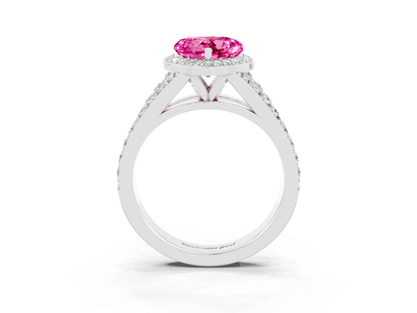 White gold Heart Cut Pink Sapphire Split Shank Halo Ring with Four-Prong Setting