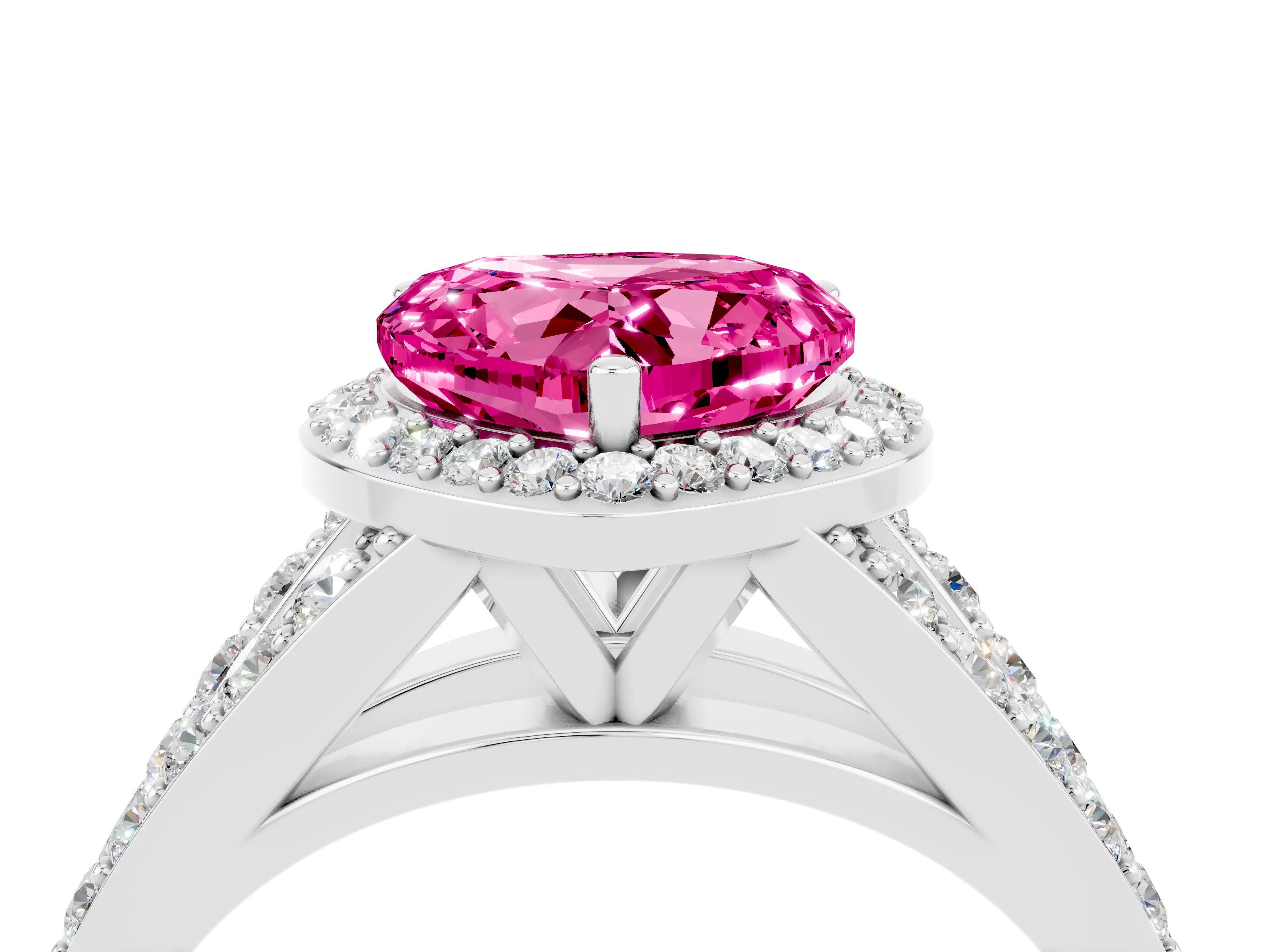 White gold Heart Cut Pink Sapphire Split Shank Halo Ring with Four-Prong Setting_64
