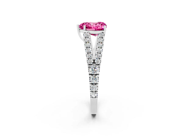 Silver Heart Cut Pink Sapphire Split Shank Pavé Engagement Ring with Four-Prong Setting