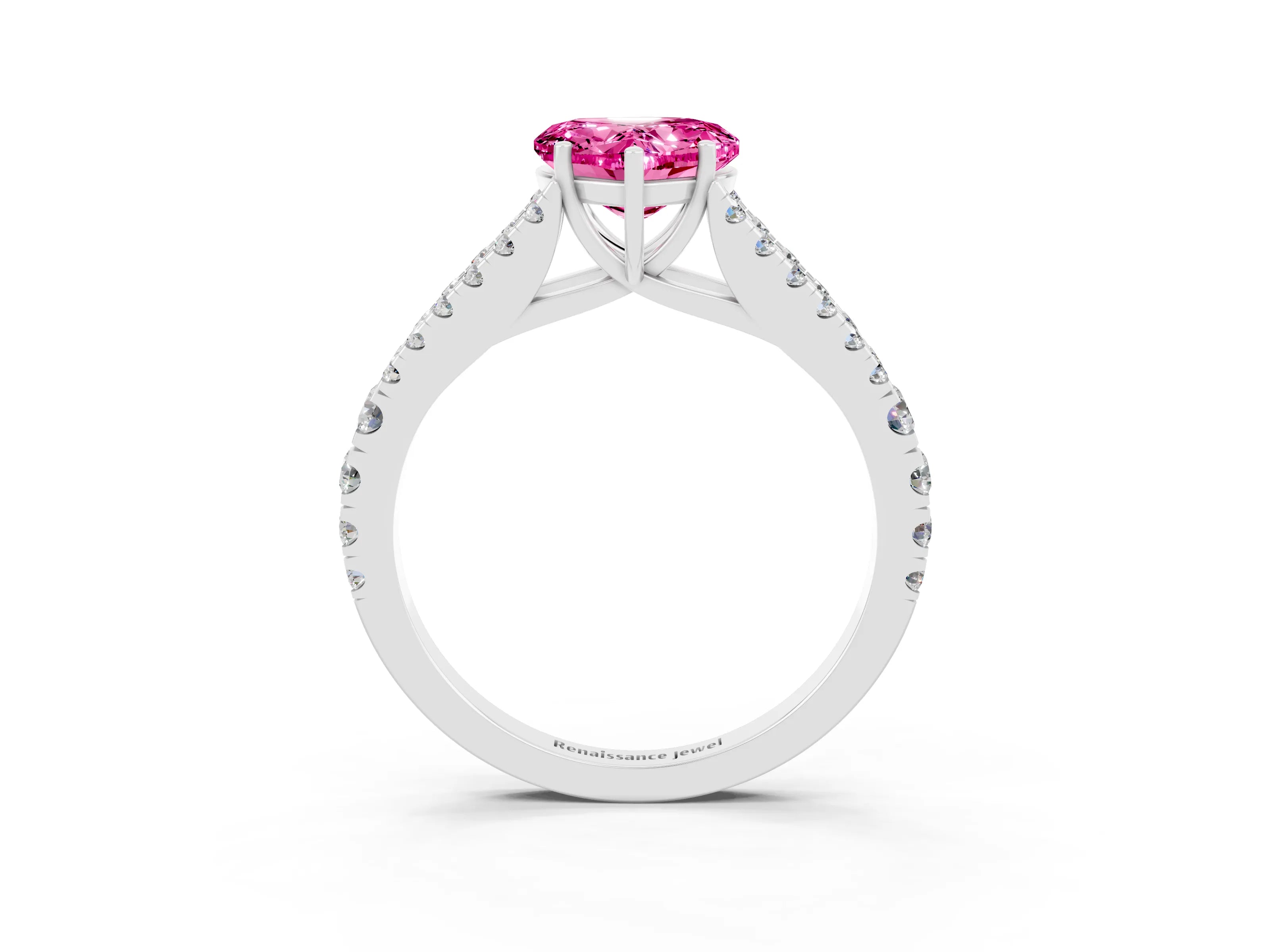 White gold Heart Cut Pink Sapphire Split Shank Pavé Engagement Ring with Four-Prong Setting_15