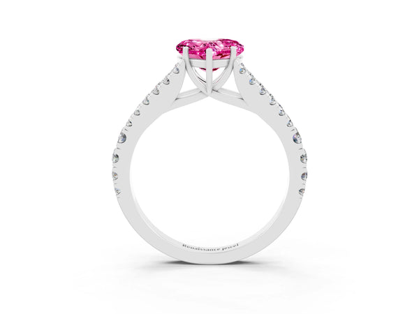 Silver Heart Cut Pink Sapphire Split Shank Pavé Engagement Ring with Four-Prong Setting