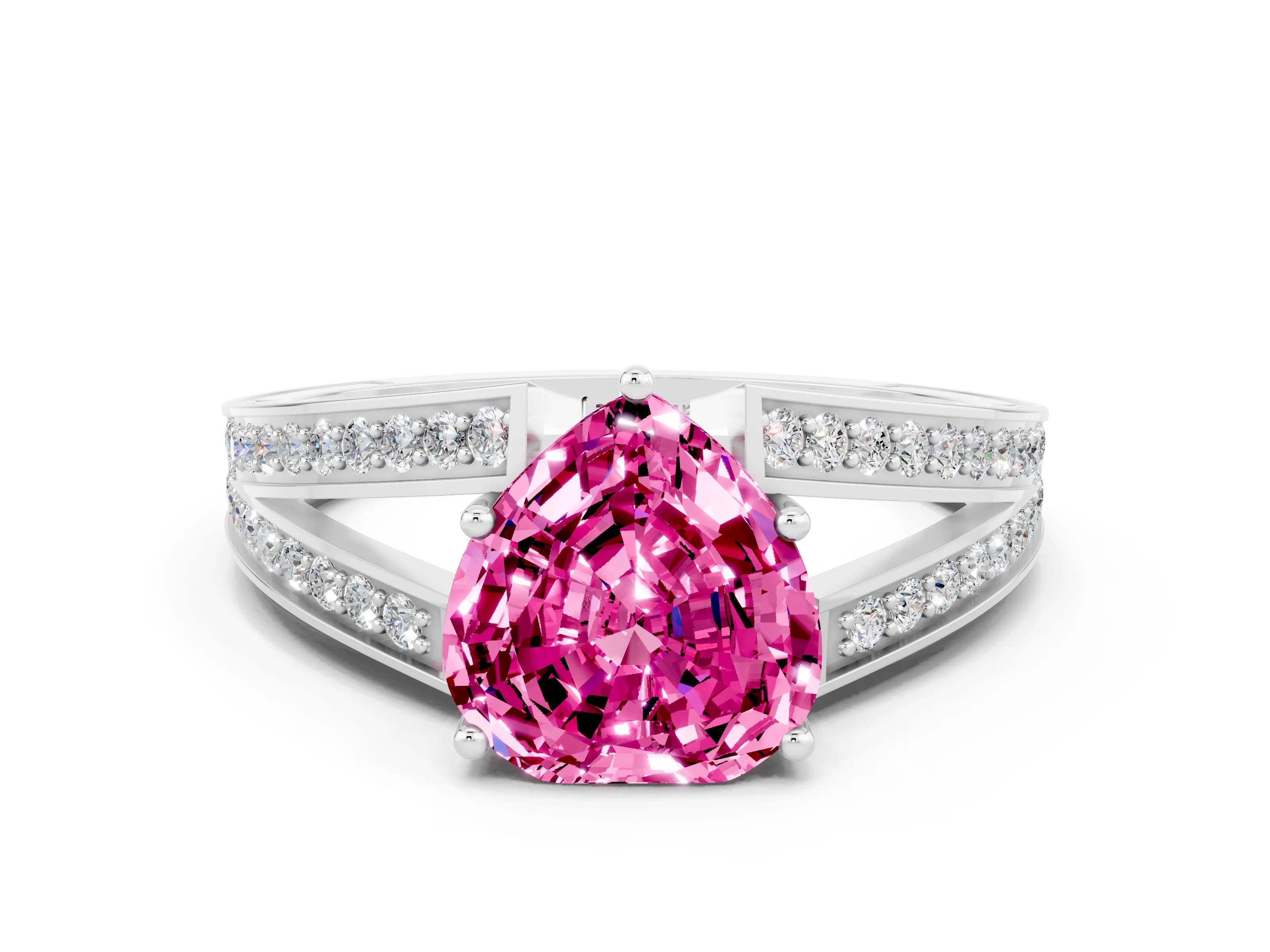 White gold Heart Cut Pink Sapphire Split Shank Ring with Pavé Band and Four-Prong Setting