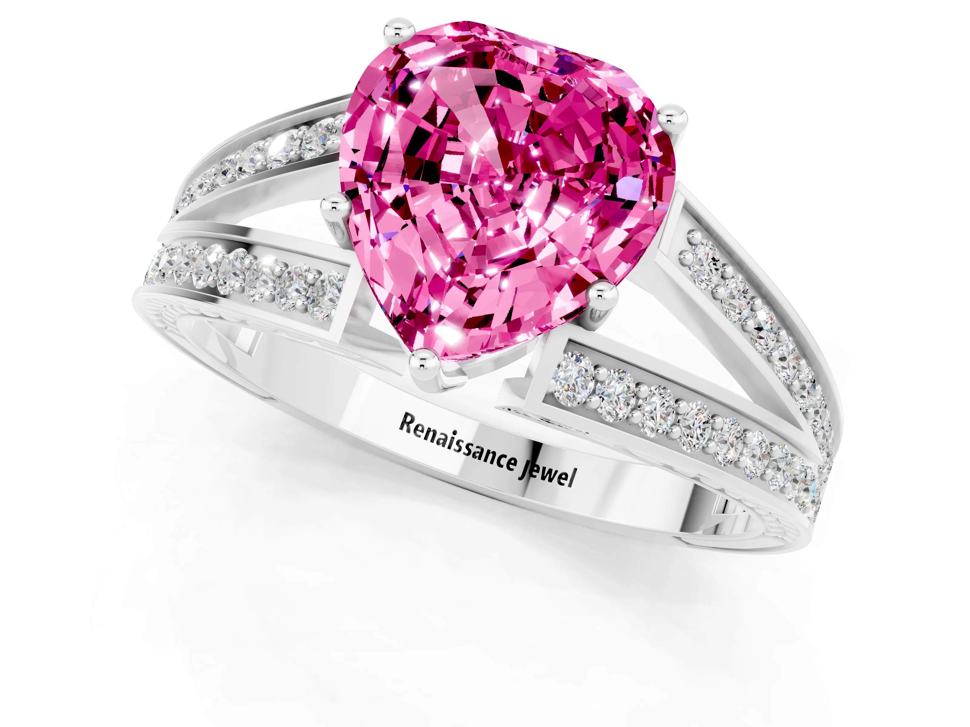 White gold Heart Cut Pink Sapphire Split Shank Ring with Pavé Band and Four-Prong Setting_1