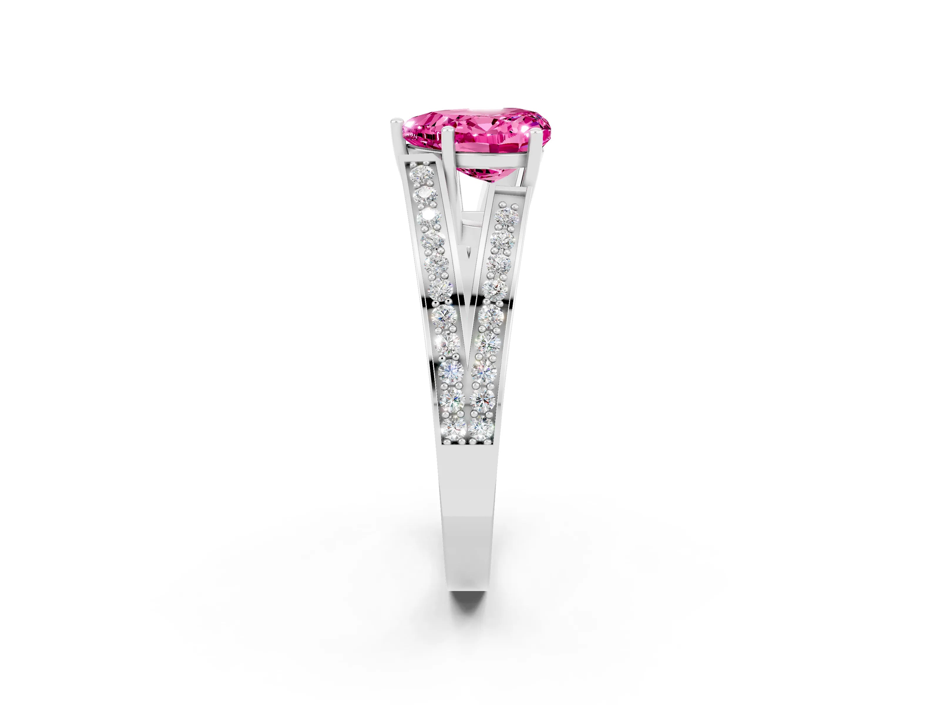 White gold Heart Cut Pink Sapphire Split Shank Ring with Pavé Band and Four-Prong Setting_2