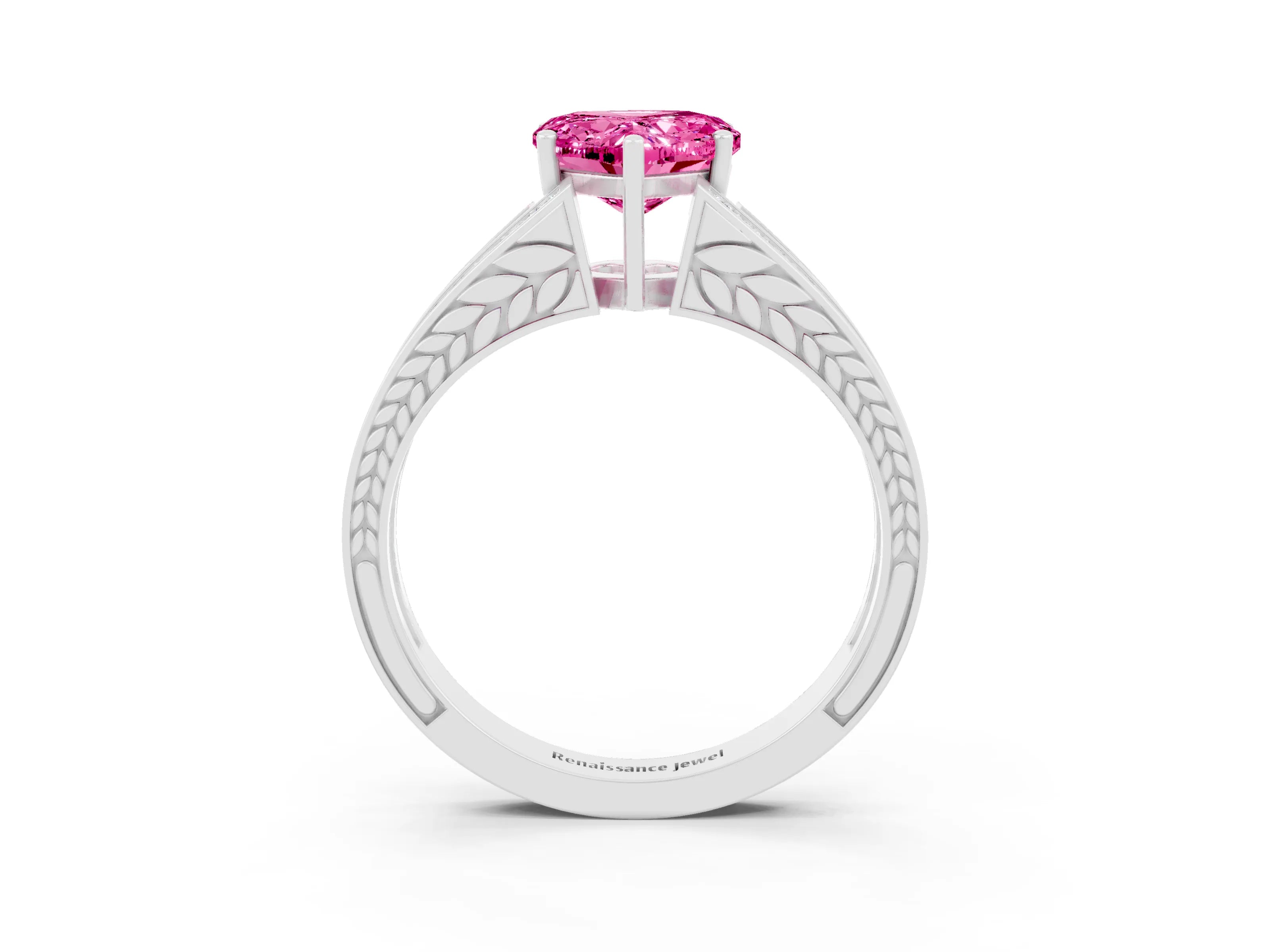 White gold Heart Cut Pink Sapphire Split Shank Ring with Pavé Band and Four-Prong Setting_3