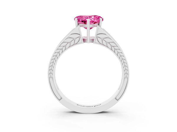Platinum Heart Cut Pink Sapphire Split Shank Ring with Pavé Band and Four-Prong Setting