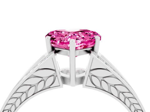 White gold Heart Cut Pink Sapphire Split Shank Ring with Pavé Band and Four-Prong Setting_4