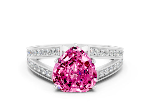 White gold Heart Cut Pink Sapphire Split Shank Ring with Pavé Band and Four-Prong Setting