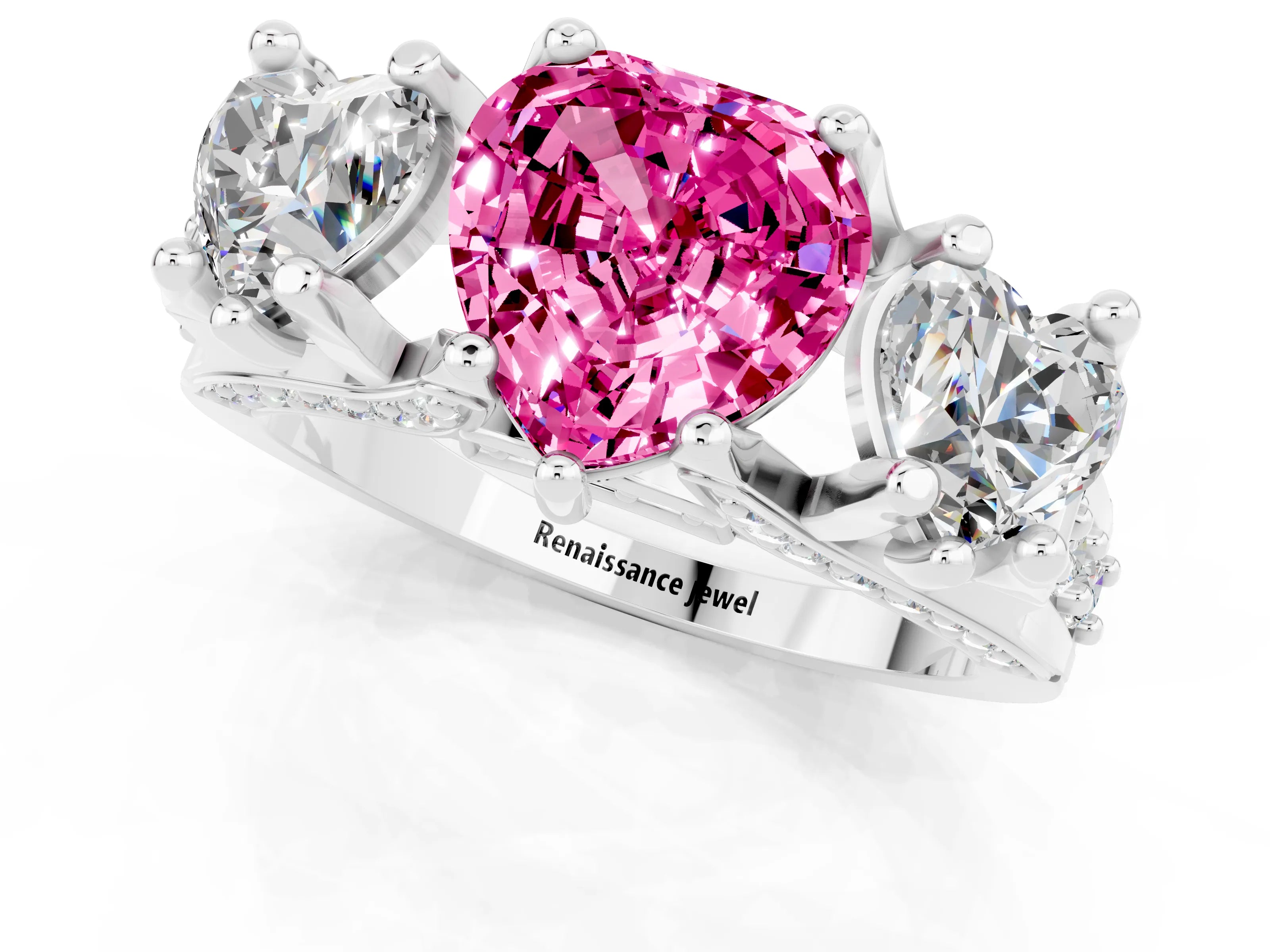 White gold Heart Cut Pink Sapphire Three-Stone Ring with Channel Set Band and Four-Prong Setting_1