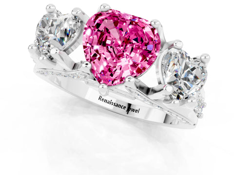 White gold Heart Cut Pink Sapphire Three-Stone Ring with Channel Set Band and Four-Prong Setting_1